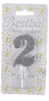 Свеча цифра "2" глиттер серебро Silver